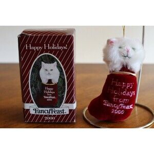 Vintage 2000 Fancy Feast Ornament Cat Stocking Happy Holidays Wht Persian 4.25"